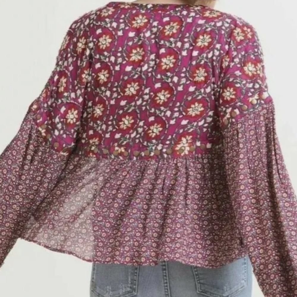 Free People Malia Embellished Printed Baby Doll Jacket Top Dark Red Medium - Picture 12 of 15